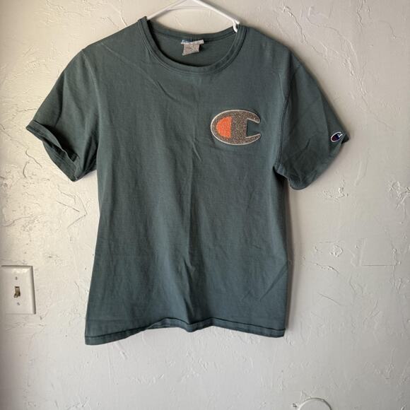 Champion Shirt Mens Small Green Chenille Patch Logo Short Sleeve Casual Tee - Picture 1 of 7